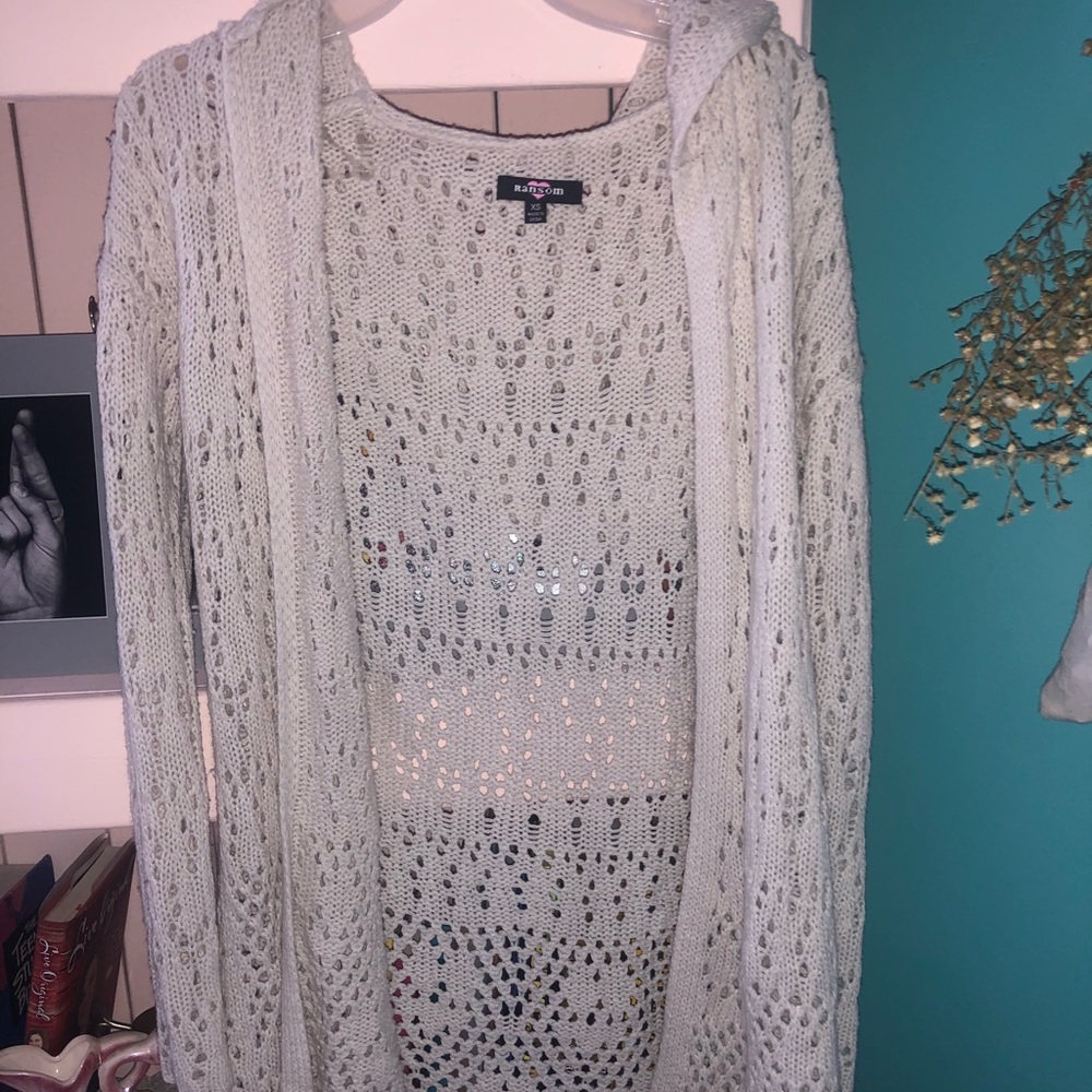 Light tan cardigan with hood